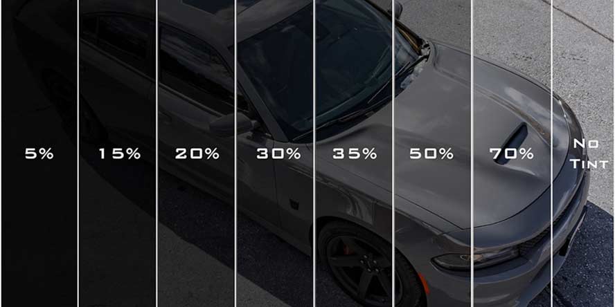 Window tint shade comparison chart showing 5%, 15%, 20%, 30%, 35%, 50%, 70%, and no tint VLT levels