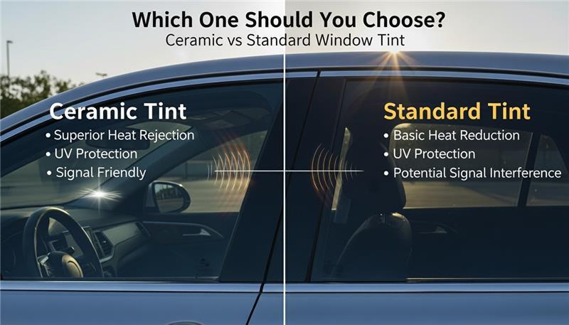 Side-by-side comparison of ceramic vs standard window tint on a car window
