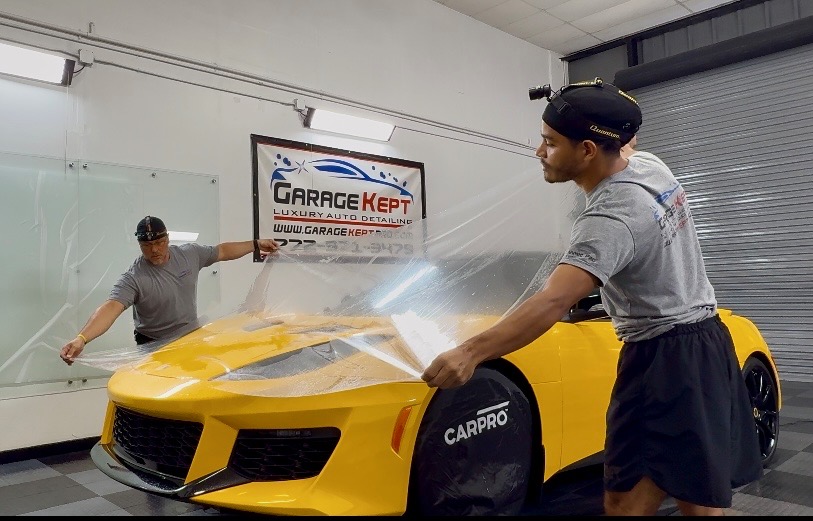 Yellow Chevrolet Camaro — hood PPF installation