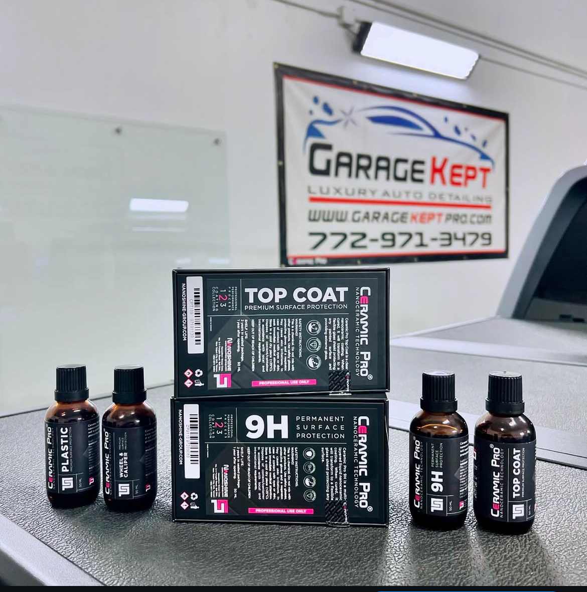 Ceramic Pro 9H, Top Coat, Plastic & Wheel/Caliper coatings at the Garage Kept studio