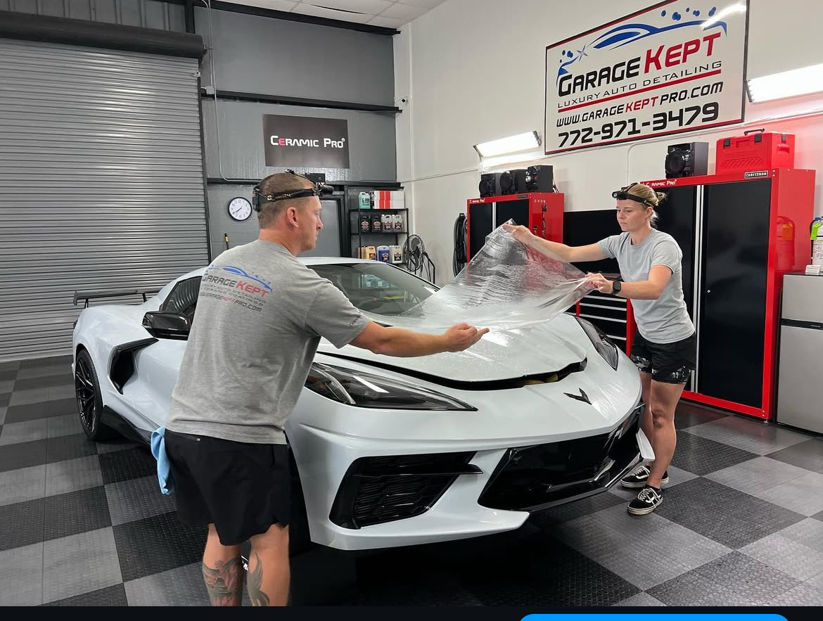 Corvette C8 in white — PPF install in progress at Garage Kept